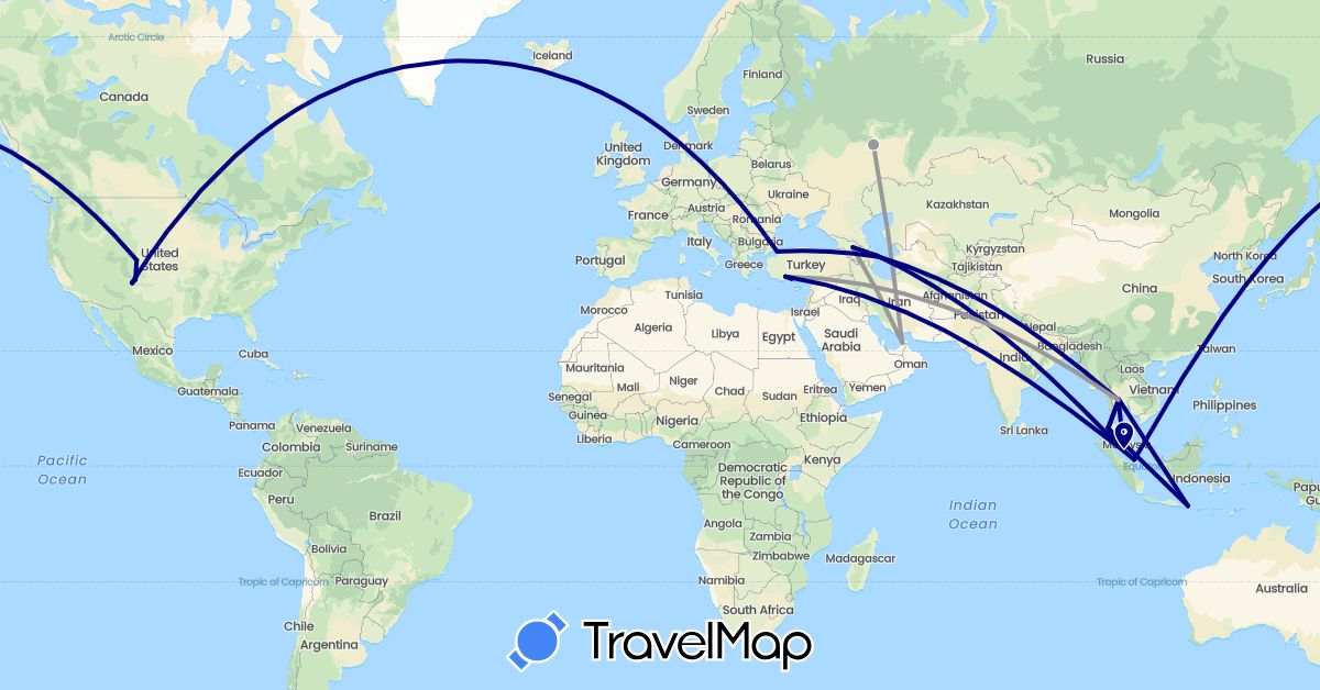 TravelMap itinerary: driving, bus, plane in United Arab Emirates, Azerbaijan, Georgia, Indonesia, Malaysia, Russia, Singapore, Thailand, Turkey, United States (Asia, Europe, North America)